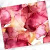 Abstract Painting Of Pink And Burgundy Flowing Shapes With Gold Accents.