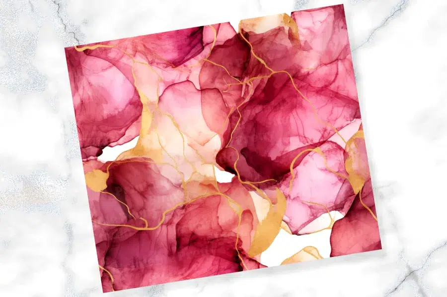 Abstract Painting Of Pink And Burgundy Flowing Shapes With Gold Accents.