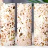 Three Tumblers With A Pink And Gold Abstract Pattern.