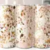 Three Stainless Steel Tumblers With Straws, Featuring A Pink And Gold Abstract Pattern.