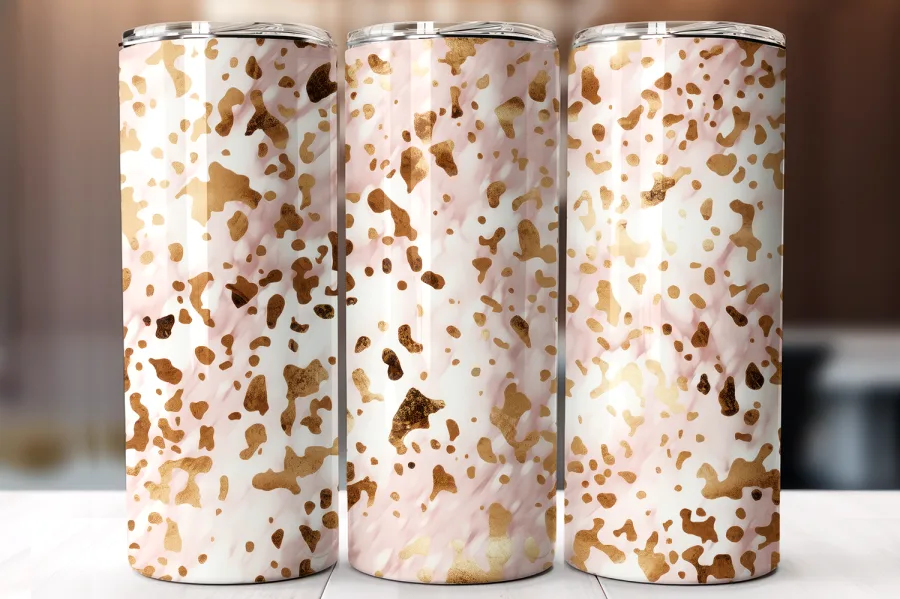 Three Pink And Gold Patterned Tumblers.