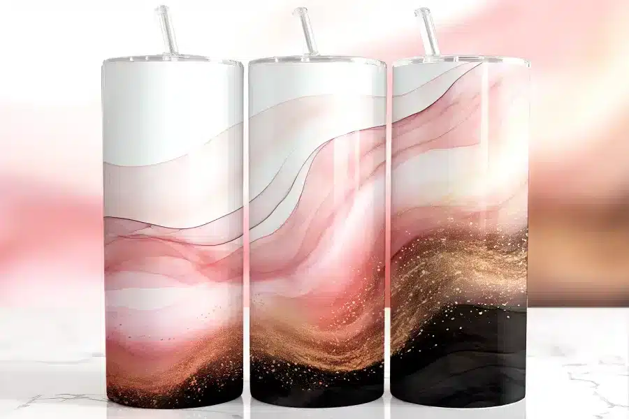 Pink Gold Wave Tumbler Wrap Design Featuring Flowing Alcohol Ink Ribbons In Blush, Mauve, And Black With Metallic Gold Splatter Accents