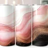 Three Tall Tumblers With Pink, Gold, And Black Abstract Designs.