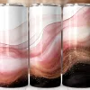 Three Tall Tumblers With An Abstract Design Featuring Pink And Gold Waves On A Black And White Background.