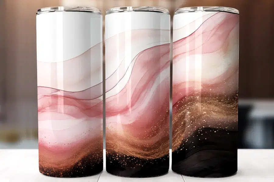 Three Tall Tumblers With An Abstract Design Featuring Pink And Gold Waves On A Black And White Background.