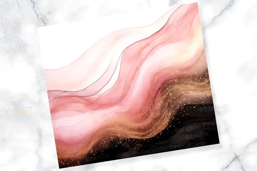 Abstract Painting In Pink, Gold, And Black With Flowing, Wave-Like Patterns.