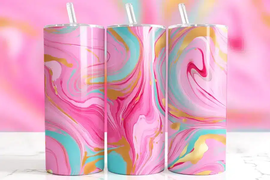 Pink Gold Swirl Tumbler Wrap Design Featuring Bold Marbled Swirls Of Pink, Teal, And Metallic Gold In A Fluid Abstract Pour Style