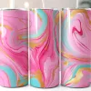 Three Pink, Teal, And Gold Marble-Patterned Tumblers With Straws.