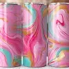 Three Pink, Teal, And Gold Marble Patterned Tumblers.