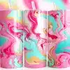 Pink Teal Swirl Tumbler Wrap Design Featuring Fluid Marbled Swirls Of Bright Pink, Aqua Teal, Blush, And Metallic Gold In A Bold Abstract Style