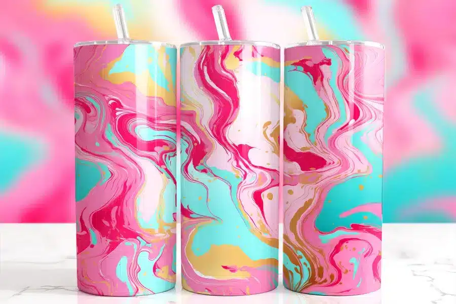Pink Teal Swirl Tumbler Wrap Design Featuring Fluid Marbled Swirls Of Bright Pink, Aqua Teal, Blush, And Metallic Gold In A Bold Abstract Style