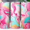 Three Pink, Teal, And Gold Marble-Patterned Tumblers.