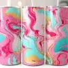 Three Tall Tumblers With Pink, Teal, And Gold Marble Designs.
