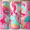 Three Pink, Teal, And Gold Marble Patterned Tumblers.