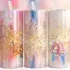 Pink Blue Gold Tumbler Wrap Design Featuring Pastel Watercolor Background In Pink, Sky Blue, And Peach With Scattered Metallic Gold Flakes And Glitter Accents