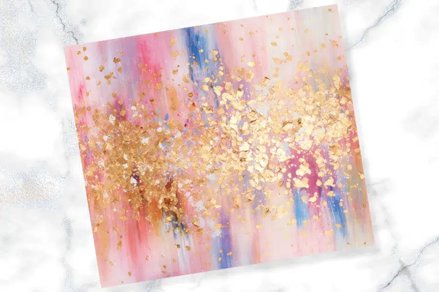 Abstract Painting In Pink, Gold, And Blue Tones.