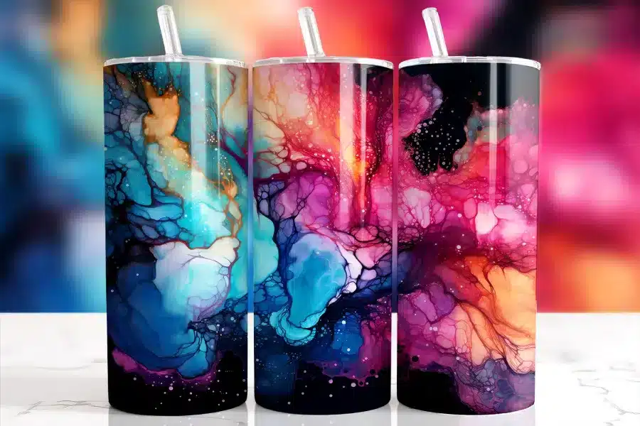 Pink Blue Ink Tumbler Wrap Design Featuring Bold Alcohol Ink Textures In Hot Pink, Sapphire Blue, Orange, And Magenta On A Deep Black Background With Vein And Splatter Details