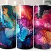 Three Stainless Steel Tumblers With Vibrant Abstract Alcohol Ink Designs In Shades Of Blue, Purple, And Pink.