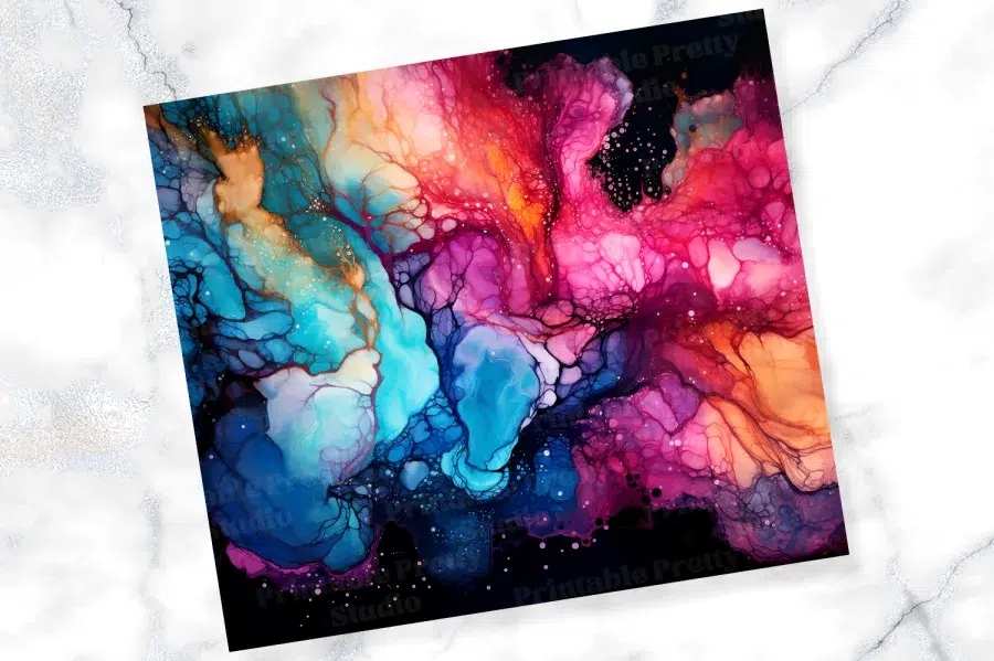 Abstract Alcohol Ink Painting In Shades Of Pink, Blue, And Orange.