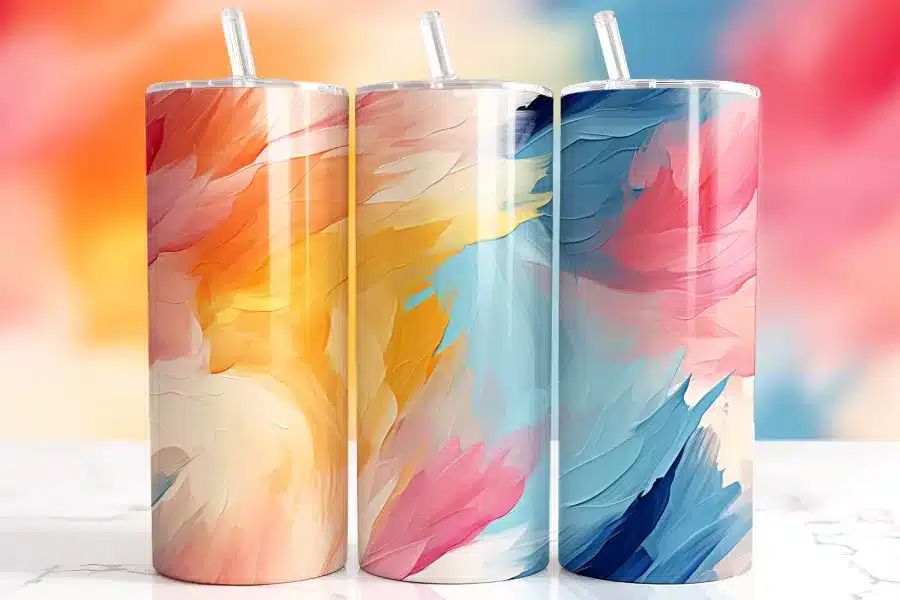 Pink Blue Acrylic Swirl Tumbler Wrap Design Featuring Bold Painterly Brushstrokes In Coral, Orange, Pink, Blue, And Navy With Flowing Textured Movement