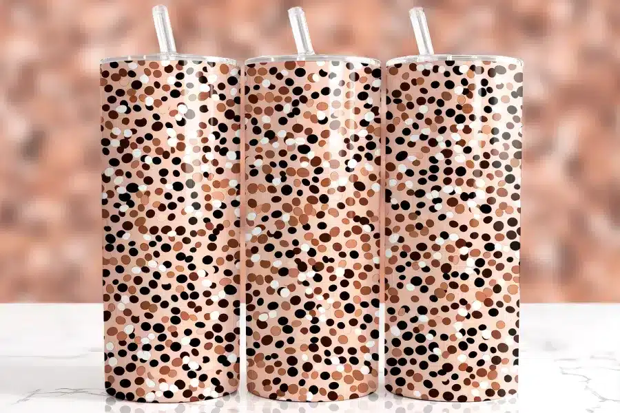 Pink Brown Dot Tumbler Wrap Design Featuring Abstract Spotted Pattern Of Brown, White, And Black Dots On A Blush Pink Background