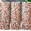 Three Tumblers With A Pink Background And A Pattern Of Brown, Black, And White Polka Dots.