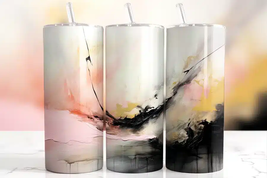 Pink Gold Black Tumbler Wrap Design Featuring Dramatic Abstract Brushstrokes In Blush Pink, Beige Gold, And Deep Black With Painterly Texture And Flow