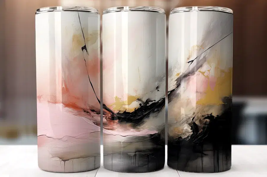 Three Tall Tumblers With Abstract Art Designs In Pink, Gray, And Black.