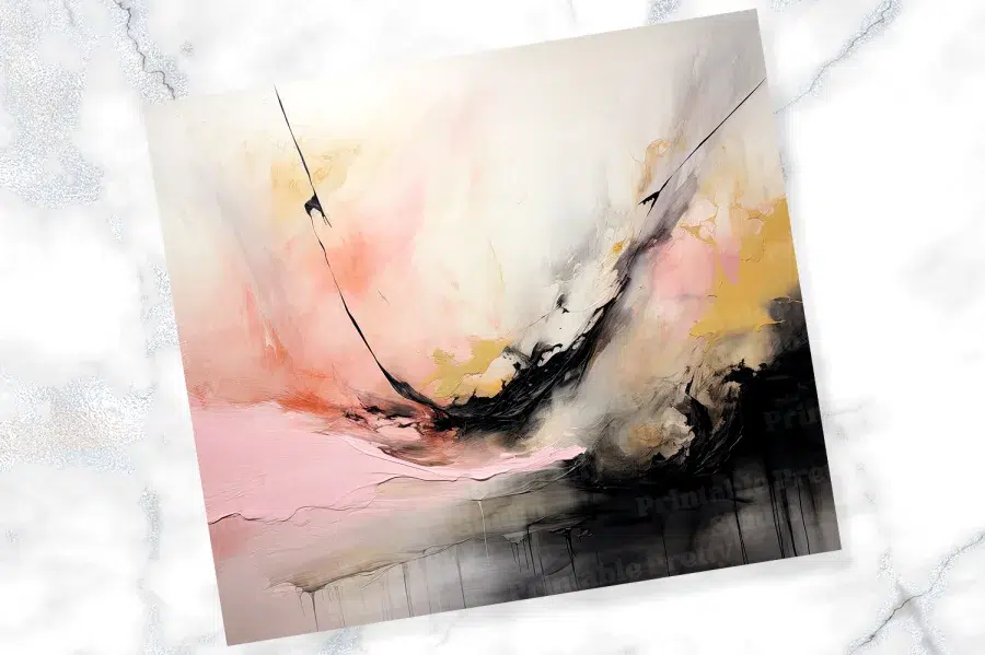 Abstract Painting In Shades Of Pink, Gray, Black, And Gold.