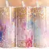 Pink Gold Glitter Tumbler Wrap Design Featuring Soft Pink, Blue, And Coral Brushstrokes With Scattered Metallic Gold Foil And White Splatter Accents