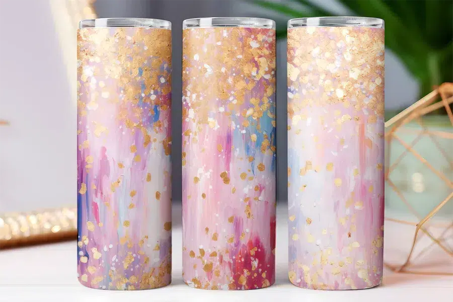 Three pastel pink and gold abstract art tumblers.