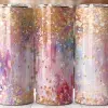 Three Pastel Pink And Gold Tumblers With An Abstract Paint Splatter Design.