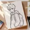 Line Drawing Of An Anime Boy Wearing A Hoodie And Backpack.