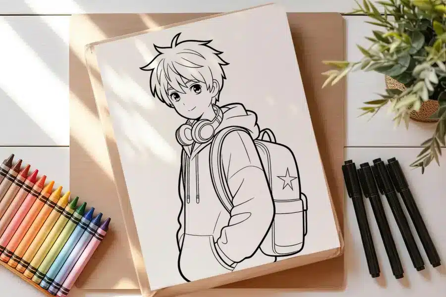 Line Drawing Of An Anime Boy Wearing A Hoodie And Backpack.