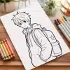 Line Drawing Of An Anime Boy Wearing Headphones And A Backpack.