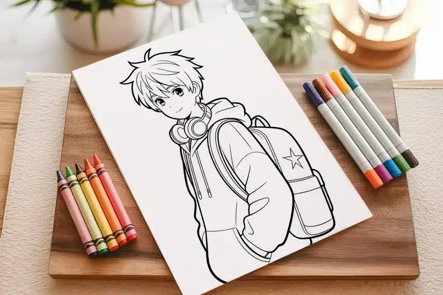Line Drawing Of An Anime Boy Wearing Headphones And A Backpack.