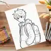 Line Drawing Of An Anime-Style Boy Wearing A Hoodie And Backpack.