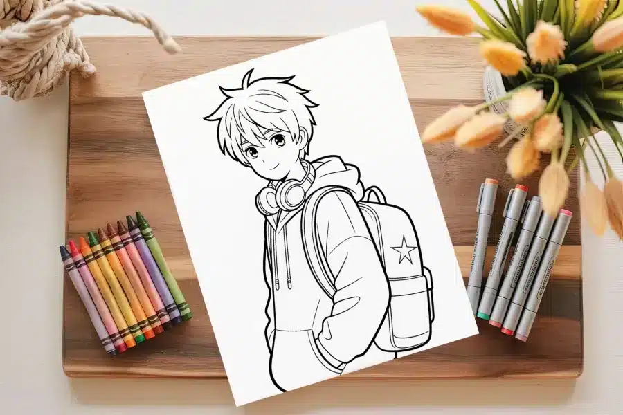 Line Drawing Of An Anime-Style Boy Wearing A Hoodie And Backpack.