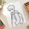 Line Drawing Of A Boy With Short Hair, Wearing A Hoodie And Backpack, And Headphones Around His Neck.