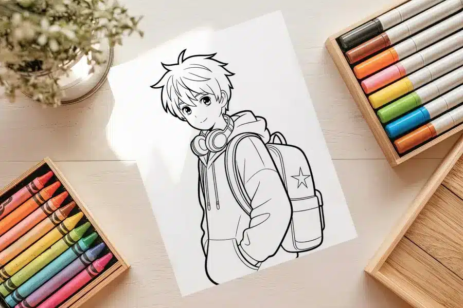 Line drawing of a boy with short hair, wearing a hoodie and backpack, and headphones around his neck.