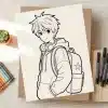 Line Drawing Of An Anime Boy Wearing A Hoodie And Backpack.
