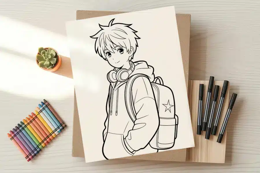Line drawing of an anime boy wearing a hoodie and backpack.