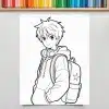 Line Drawing Of An Anime Boy Wearing A Hoodie And Backpack.