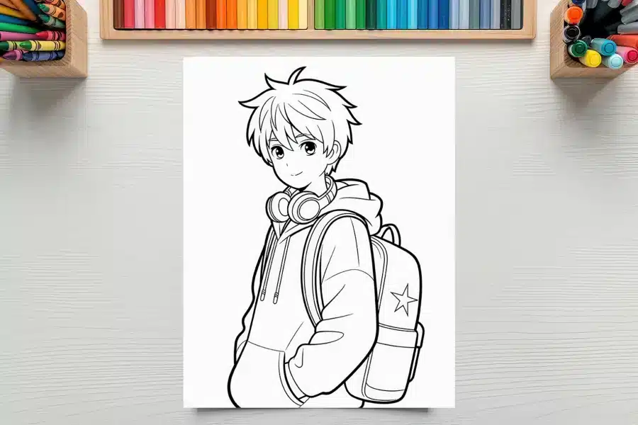 Line Drawing Of An Anime Boy Wearing A Hoodie And Backpack.