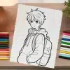 Line Drawing Of An Anime Boy Wearing Headphones And A Backpack.