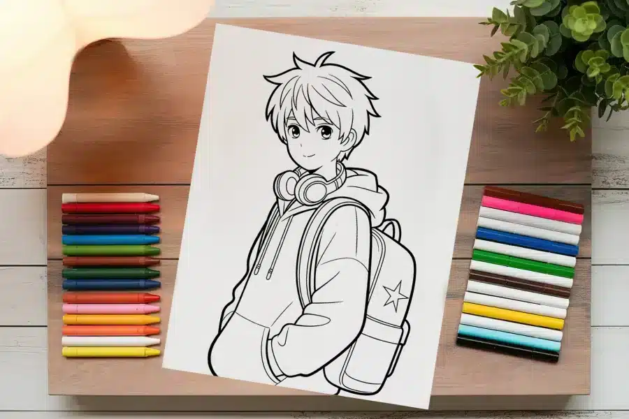 Line Drawing Of An Anime Boy Wearing Headphones And A Backpack.