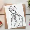Line Drawing Of An Anime Boy Wearing A Hoodie And Backpack.
