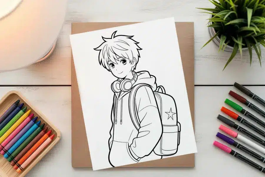 Line Drawing Of An Anime Boy Wearing A Hoodie And Backpack.