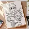 Line Drawing Of An Anime Schoolgirl Holding A Book That Says Knowledge Is Power.