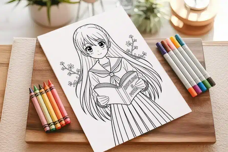 Line Drawing Of An Anime Schoolgirl Holding A Book That Says Knowledge Is Power.